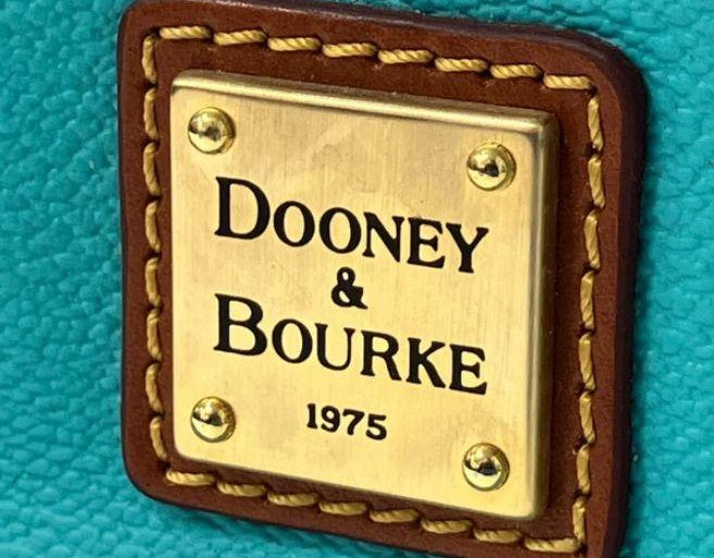 Dooney & Bourke turquoise pebbled leather zip zip dome satchel with cognac leather trim, view 4