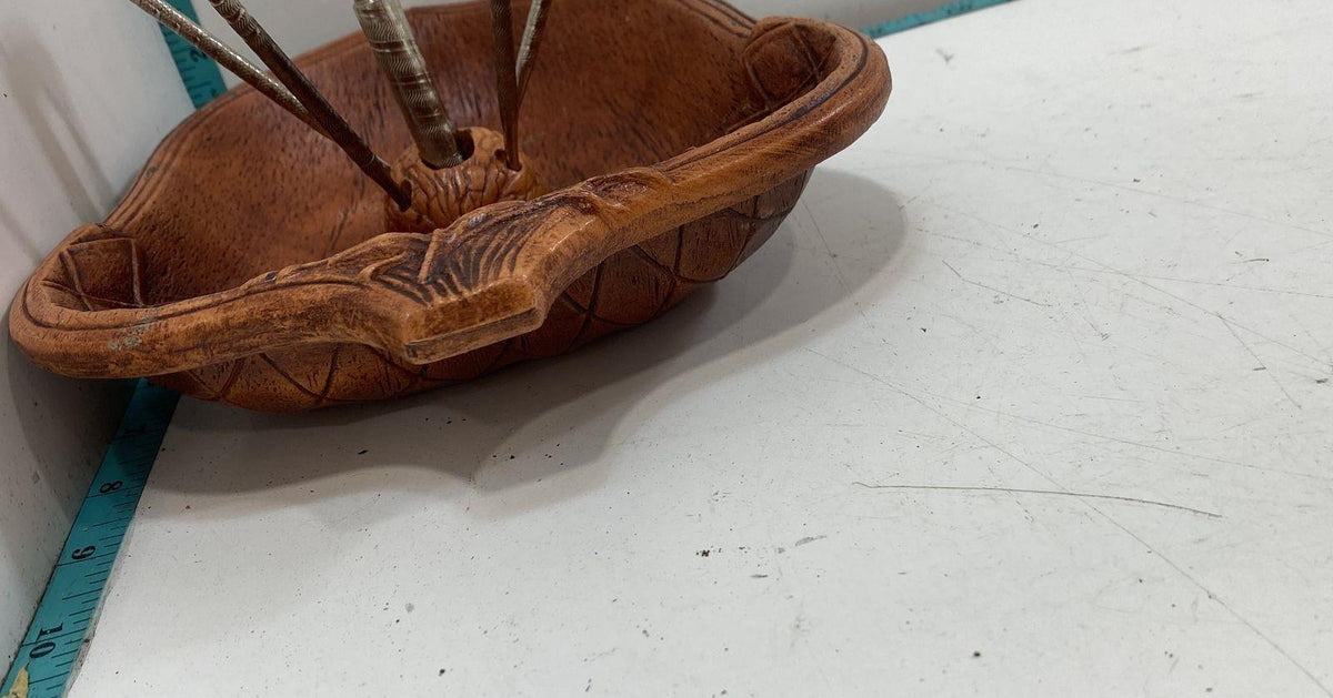 Molded acorn-shaped nut serving tray with leaf relief, nutcracker and four metal picks, view 5