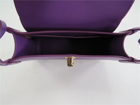 Purple leather mini crossbody purse with top zip and adjustable strap, view 11