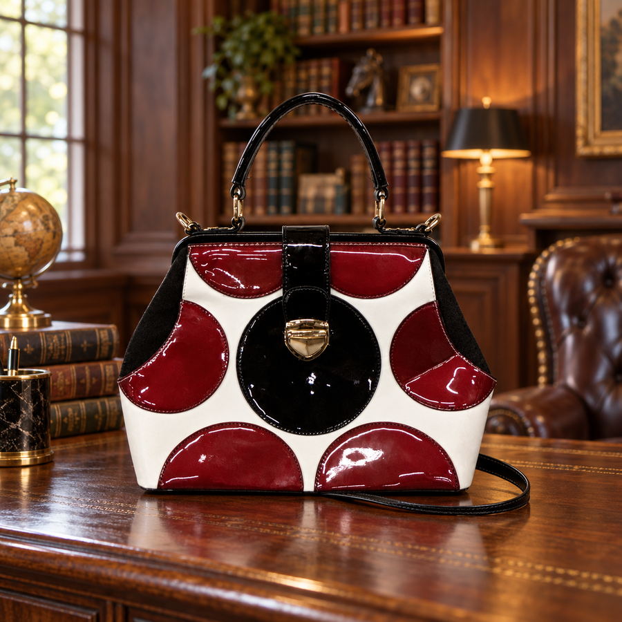 Red, black and white patent-look colorblock frame satchel with circle motifs and top handle