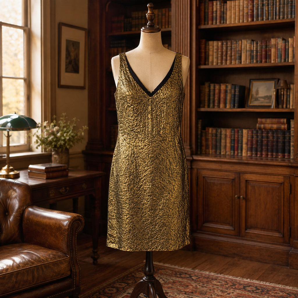 Gold Metallic Textured Sleeveless V-Neck Dress