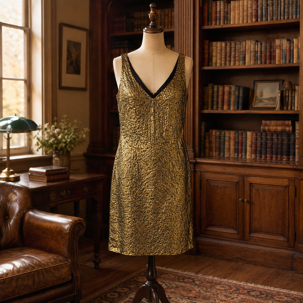Gold Metallic Textured Sleeveless V-Neck Dress