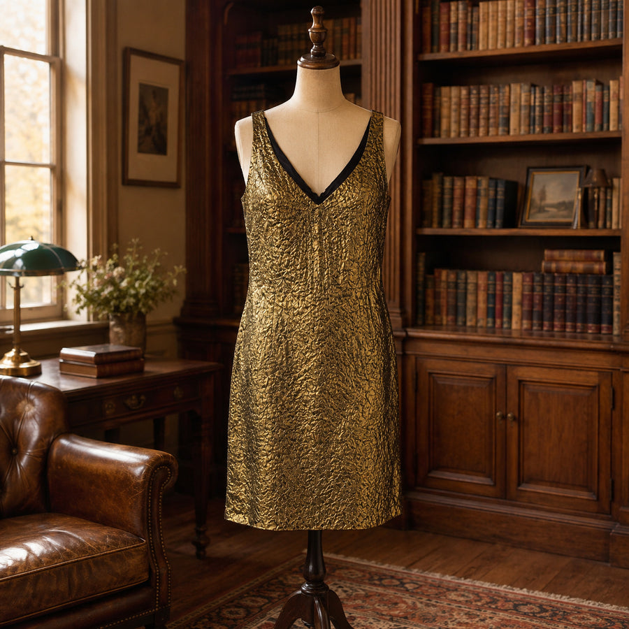Metallic gold crinkle sleeveless shift dress with black-edged V-neck, size 4