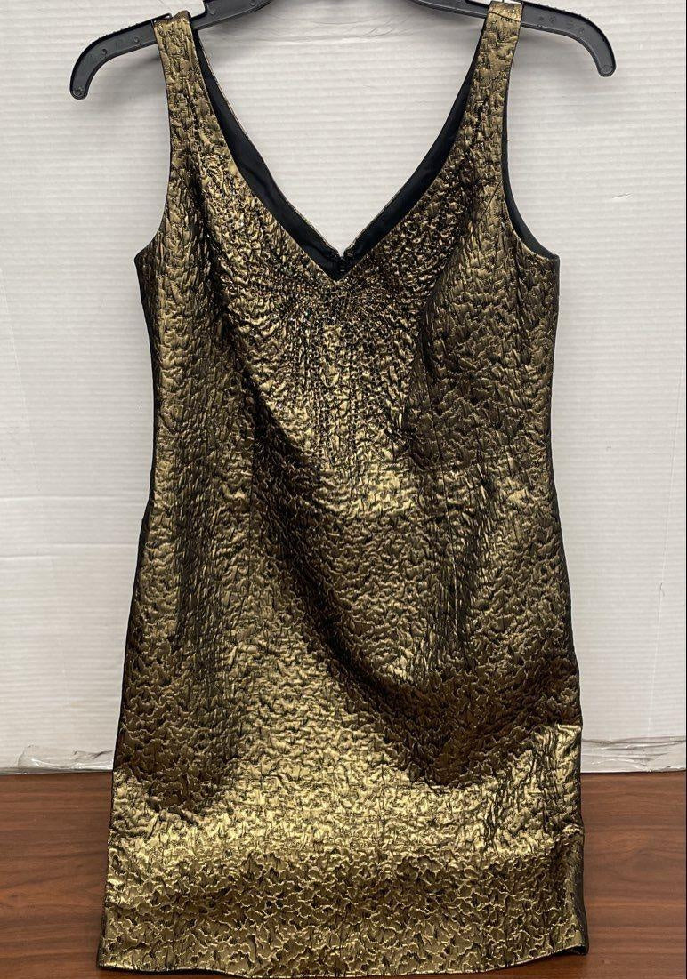 Gold Metallic Textured Sleeveless V-Neck Dress