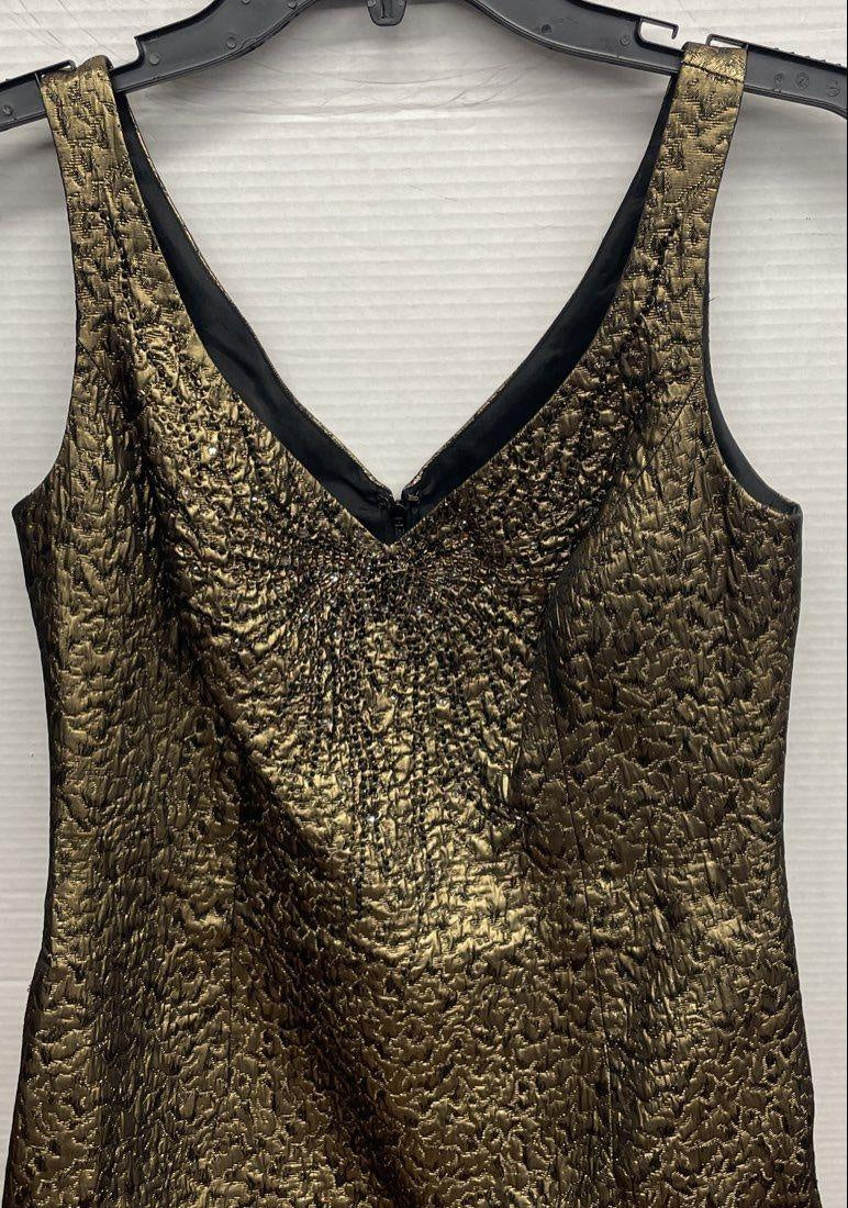 Gold Metallic Textured Sleeveless V-Neck Dress