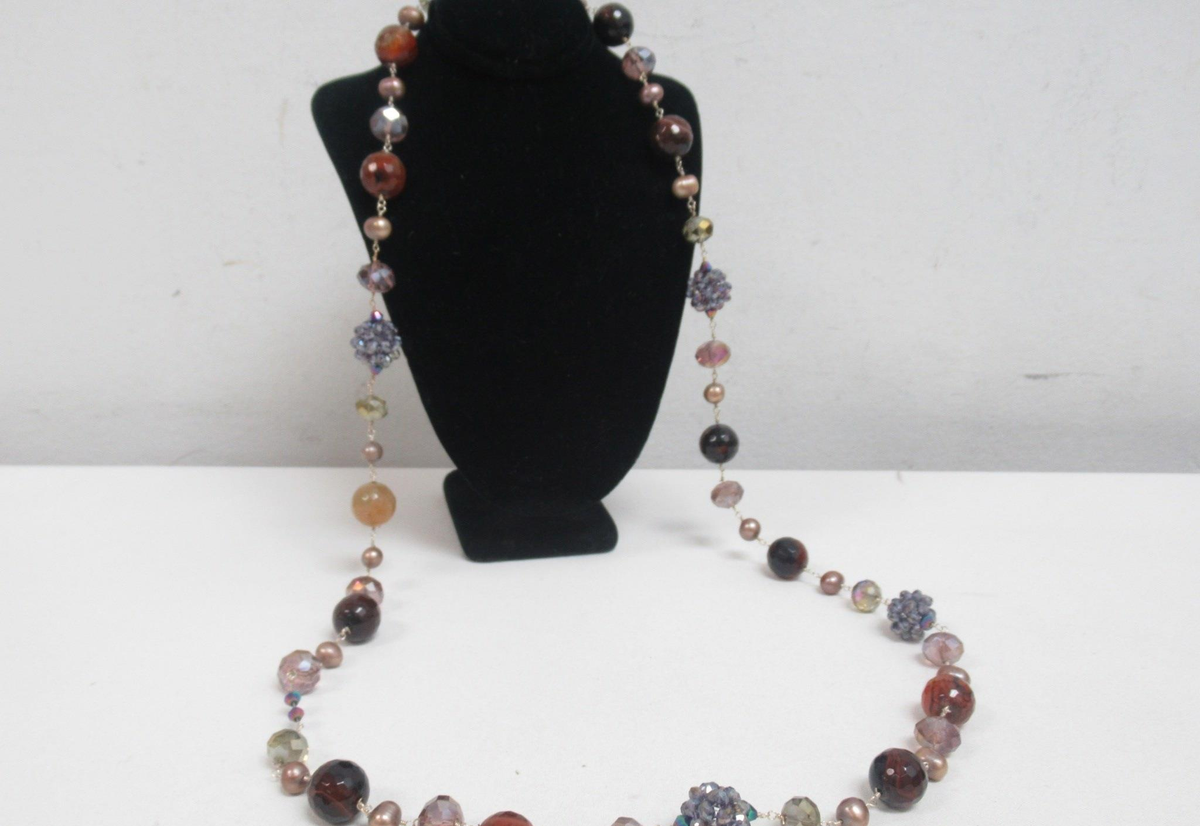 Long beaded necklace of burgundy, amber, smoky green and lavender beads with pearl-like beads, view 2