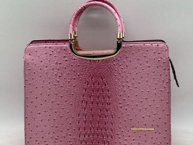 Pink faux ostrich embossed structured top handle handbag with croc embossed center panel, view 2