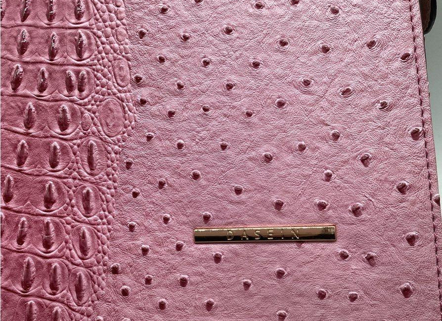 Pink faux ostrich embossed structured top handle handbag with croc embossed center panel, view 3