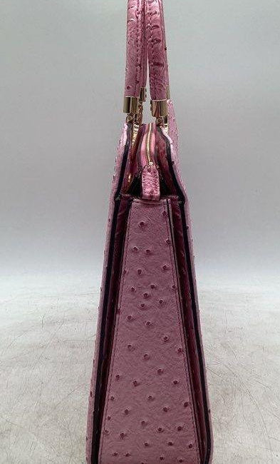 Pink faux ostrich embossed structured top handle handbag with croc embossed center panel, view 4
