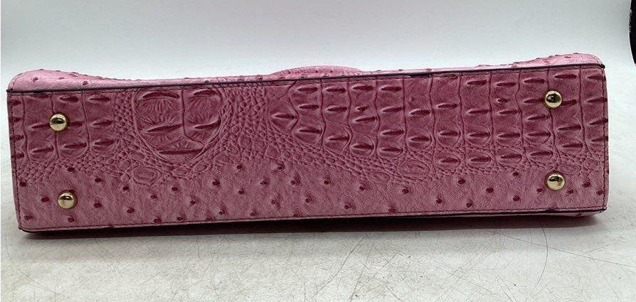 Pink faux ostrich embossed structured top handle handbag with croc embossed center panel, view 7
