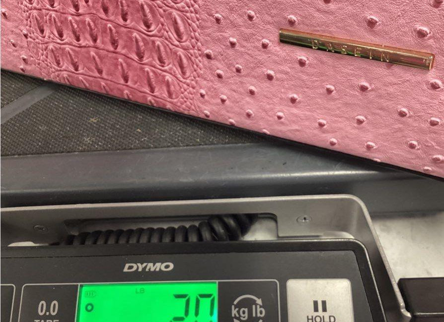 Pink faux ostrich embossed structured top handle handbag with croc embossed center panel, view 12