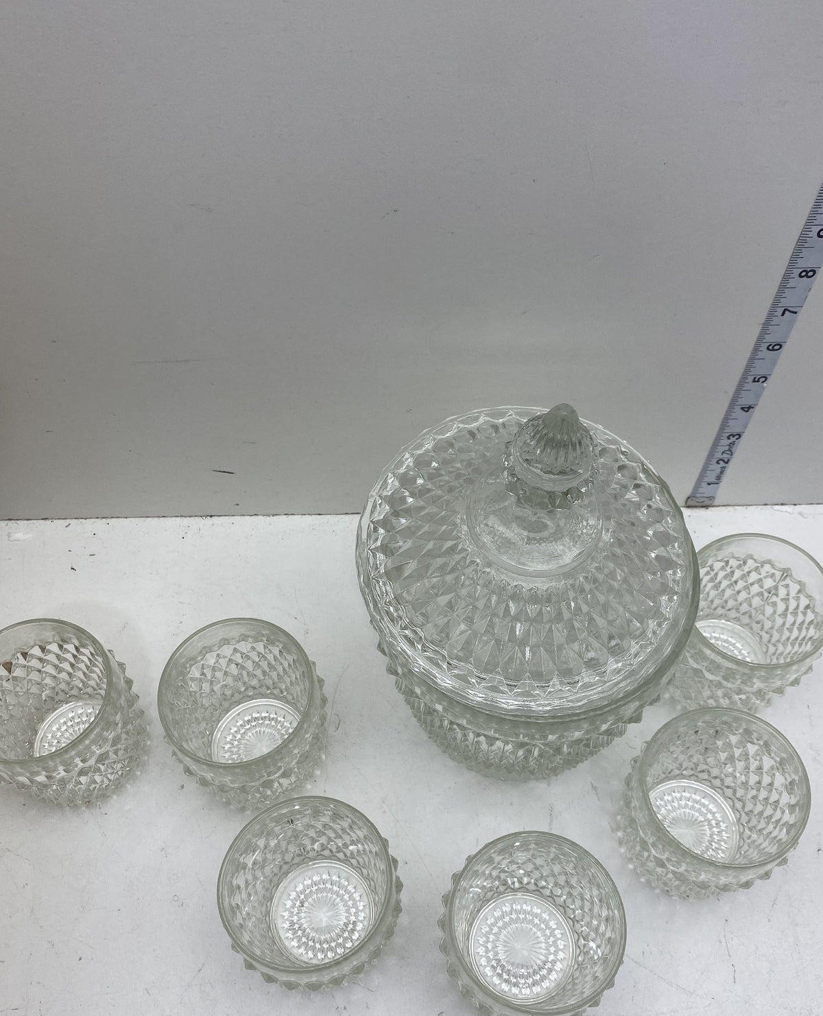 Indiana Glass Diamond Point 8-Piece Punch Set Clear Glass Vintage