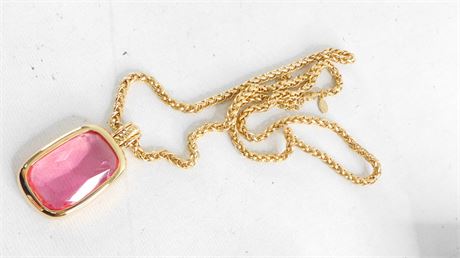 Gold-tone chain necklace with pink faceted rectangular pendant and interchangeable stones, view 5