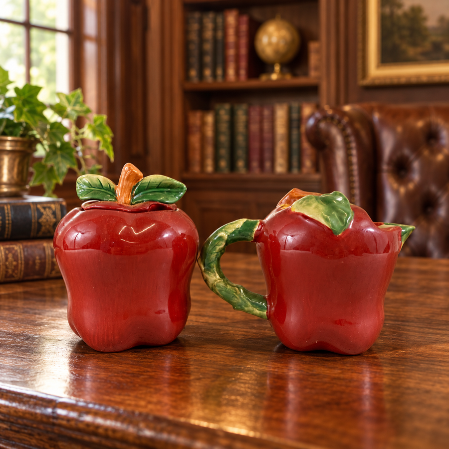 Red apple-shaped ceramic covered sugar bowl and creamer with green leaves