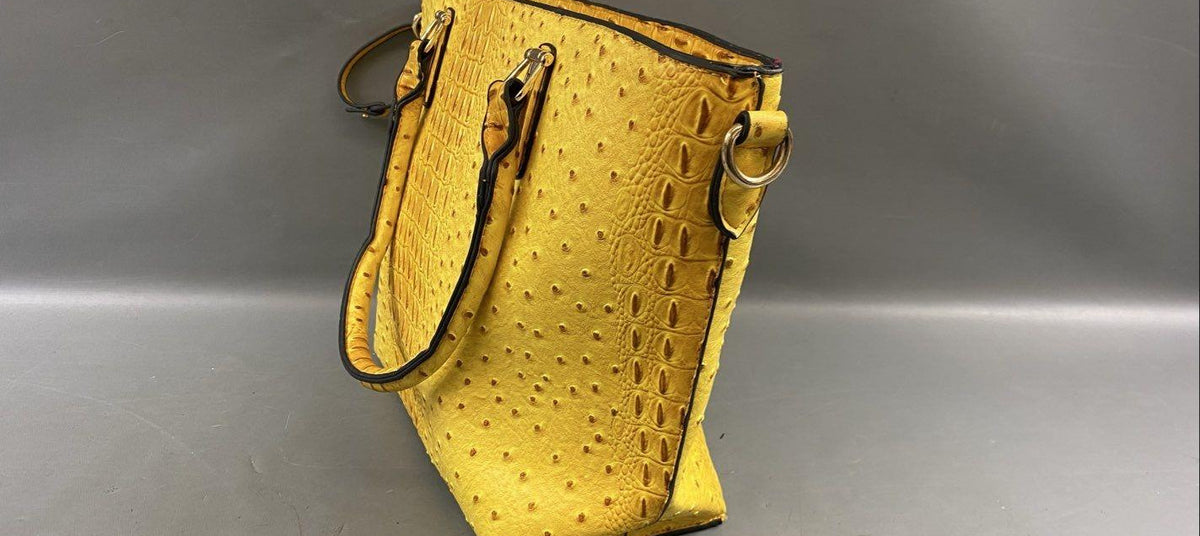 Marigold yellow croc-embossed faux leather tote with gold-tone rings and rolled handles, view 3