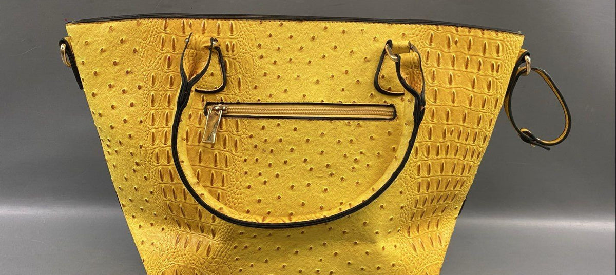Marigold yellow croc-embossed faux leather tote with gold-tone rings and rolled handles, view 4