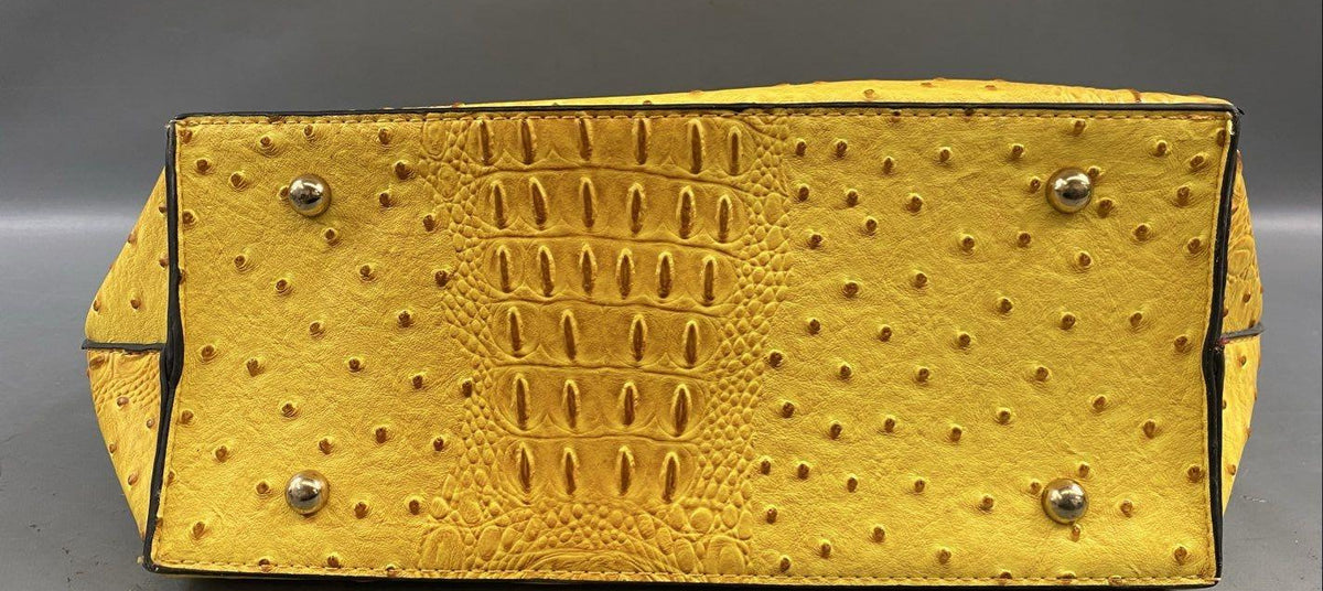 Marigold yellow croc-embossed faux leather tote with gold-tone rings and rolled handles, view 6