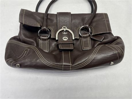 Brown leather satchel with buckle flap front, view 5