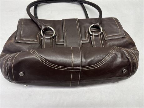 Brown leather satchel with buckle flap front, view 6