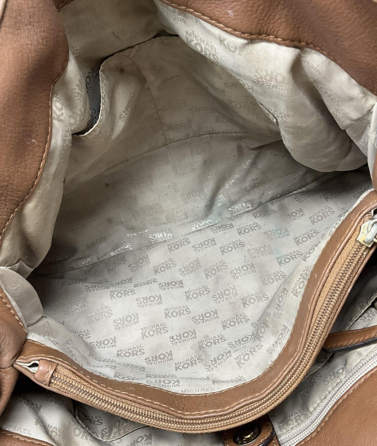 Michael Kors saddle brown pebbled leather satchel with chain-link strap and rolled handles, view 8