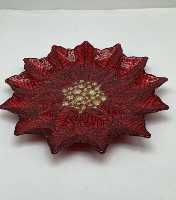 Red glass poinsettia serving tray with layered leaf shape and gold-colored center, view 2
