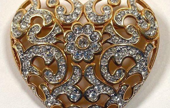 Gold-tone heart brooch with crystals, view 2