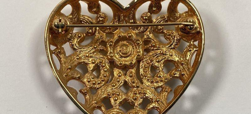 Gold-tone heart brooch with crystals, view 3