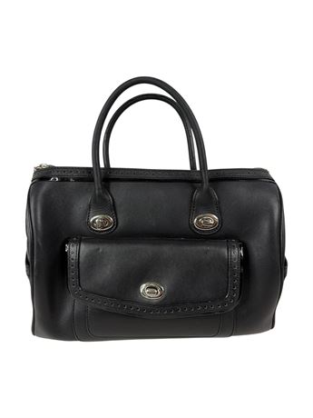 Black leather handbag with silver-tone hardware and turn-lock front pocket, view 2