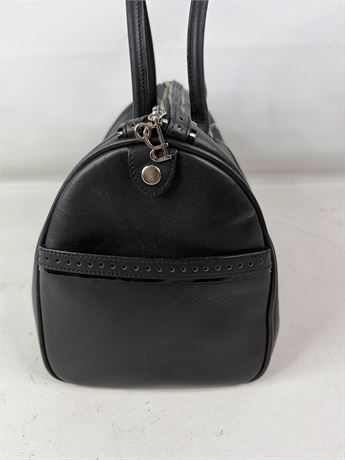 Black leather handbag with silver-tone hardware and turn-lock front pocket, view 6