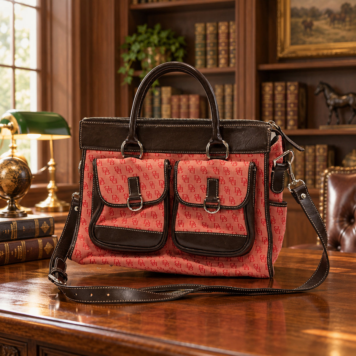 Dooney and Bourke watermelon red DB jacquard double pocket satchel with dark brown leather trim