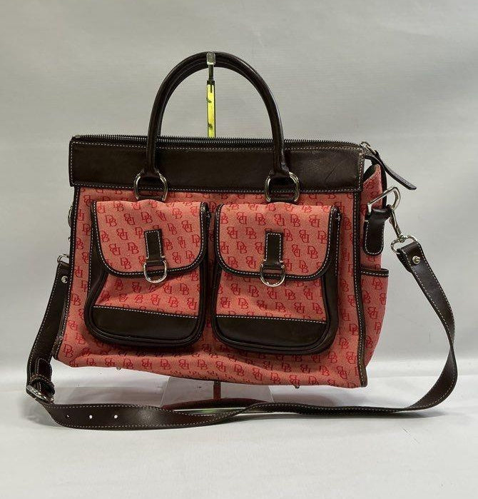 Dooney and Bourke watermelon red DB jacquard double pocket satchel with dark brown leather trim, view 2