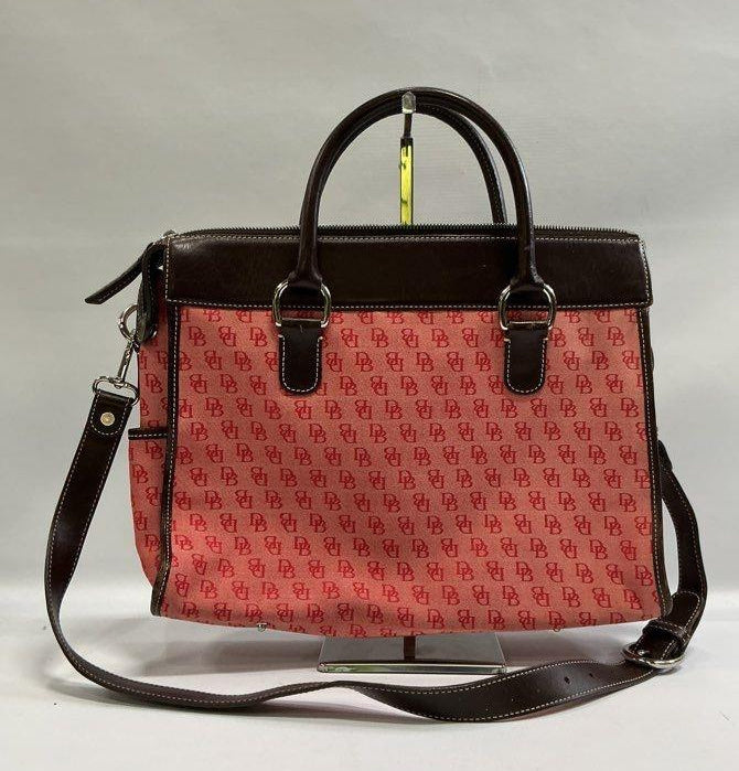 Dooney and Bourke watermelon red DB jacquard double pocket satchel with dark brown leather trim, view 3