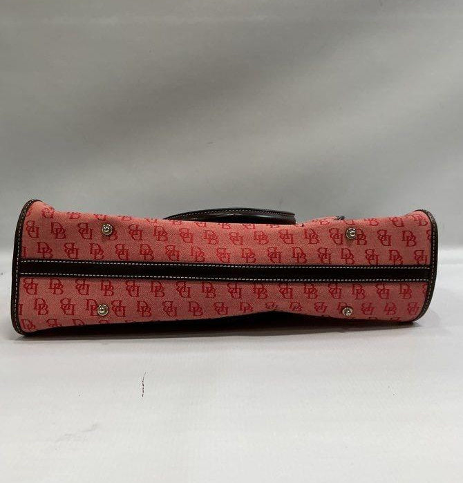 Dooney and Bourke watermelon red DB jacquard double pocket satchel with dark brown leather trim, view 4