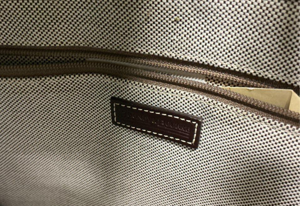 Dooney and Bourke watermelon red DB jacquard double pocket satchel with dark brown leather trim, view 5