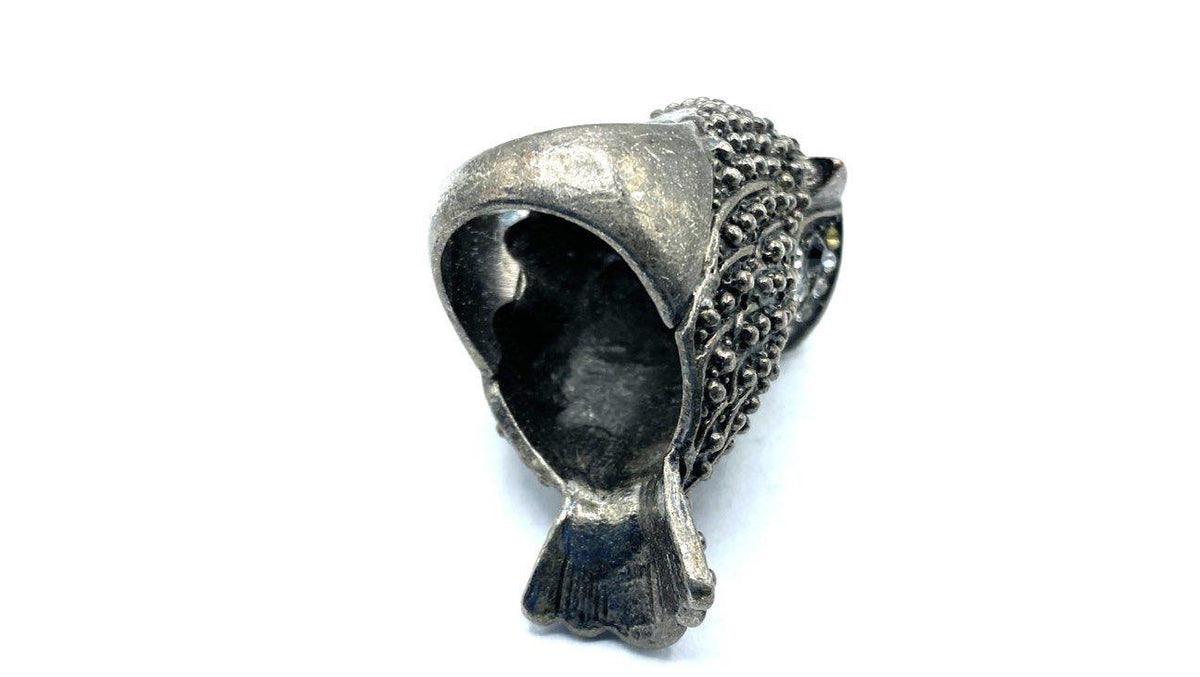 Oversized antiqued silver-tone owl cocktail ring with clear rhinestones and dark stone eyes, view 3