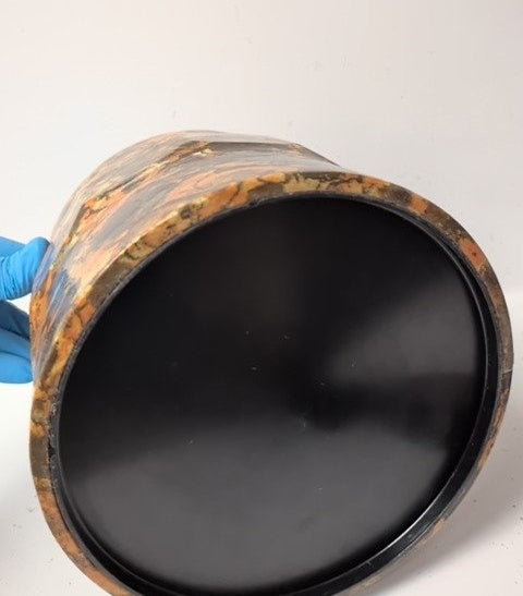 Tortoiseshell-style marbled ice bucket with mustard-yellow lid, gold-tone ring pull and chrome-tone handle, view 4