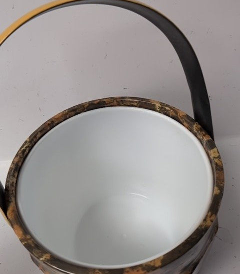 Tortoiseshell-style marbled ice bucket with mustard-yellow lid, gold-tone ring pull and chrome-tone handle, view 5