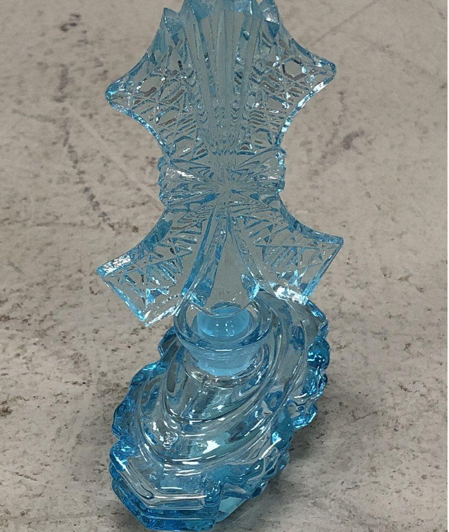 Pressed Glass Perfume Bottle Light Blue Ornate Diamond Pattern Fan Stopper