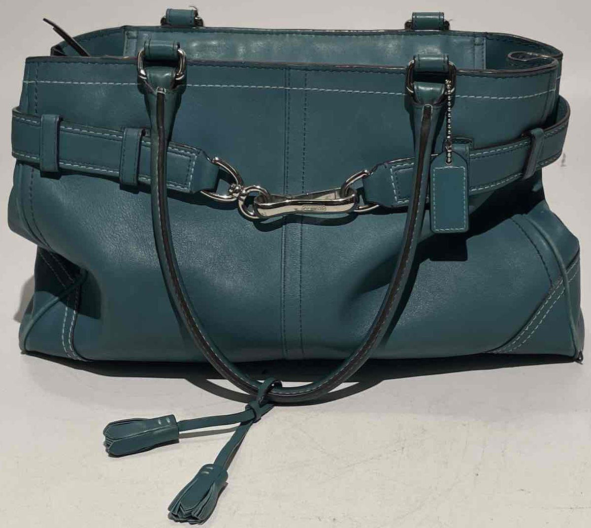Coach teal leather shoulder bag with silver-tone rings, belted front strap and tasseled ties, view 2