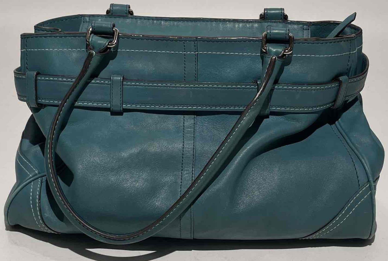 Coach Teal Leather Shoulder Bag with Silver Hardware and Tasseled Straps