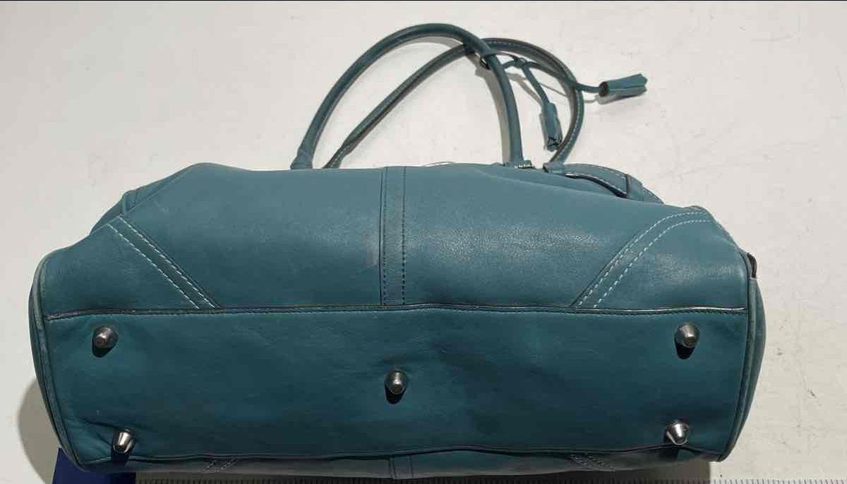 Coach teal leather shoulder bag with silver-tone rings, belted front strap and tasseled ties, view 7