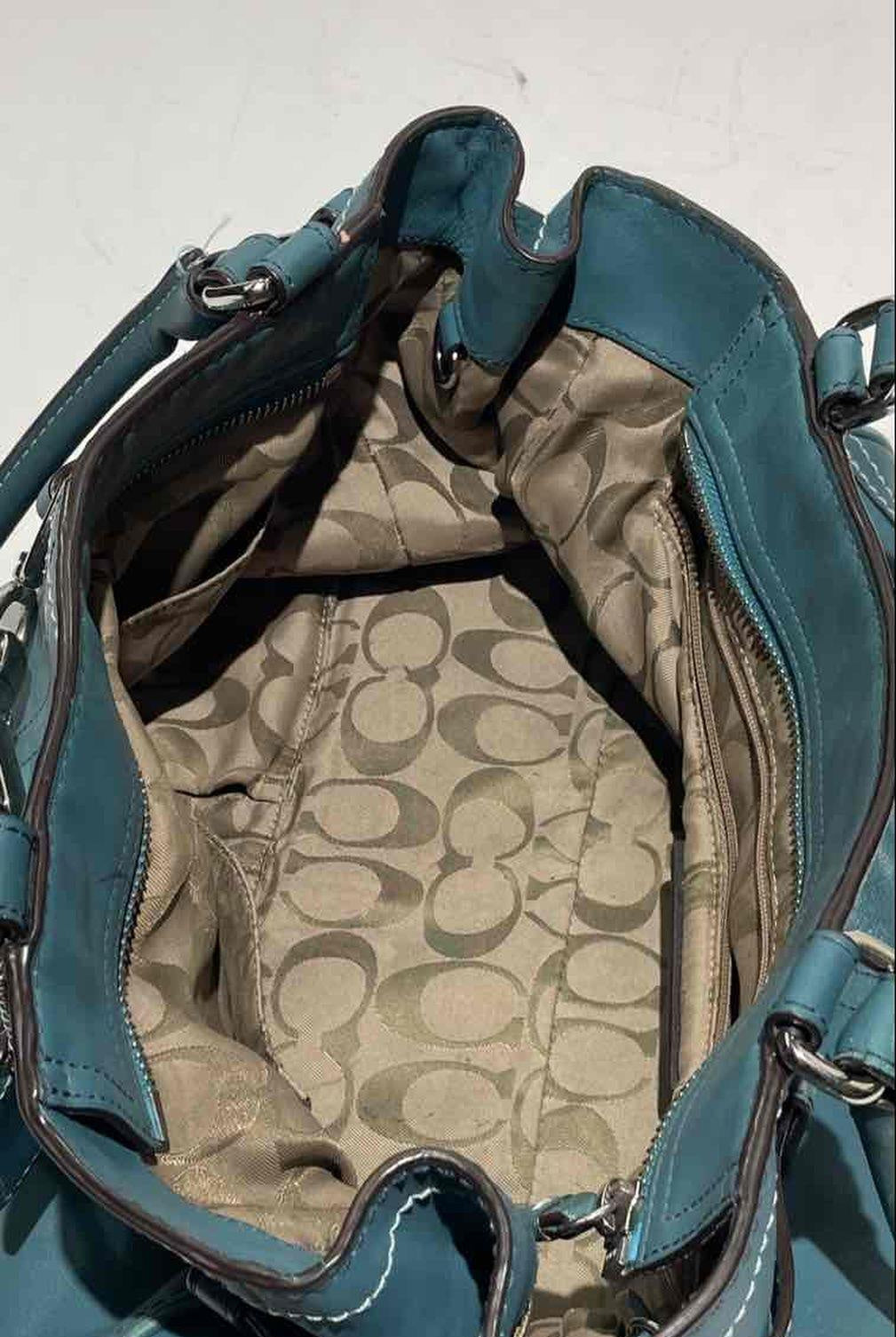 Coach Teal Leather Shoulder Bag with Silver Hardware and Tasseled Straps