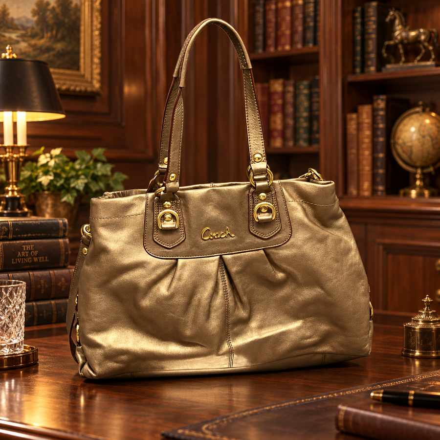 Coach Ashley metallic champagne leather satchel with center pleating and gold-tone hardware