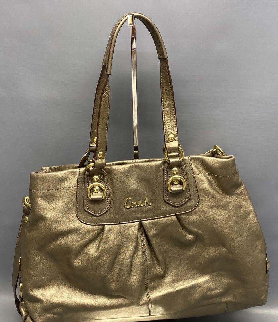 Coach Ashley metallic champagne leather satchel with center pleating and gold-tone hardware, view 2