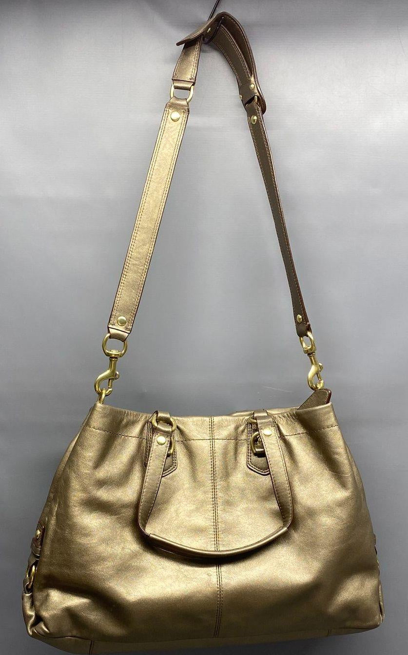 Coach Ashley metallic champagne leather satchel with center pleating and gold-tone hardware, view 3