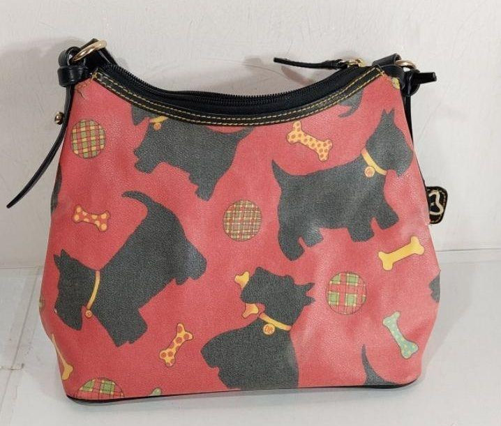 Red coated canvas Scottie dog print shoulder bag with black leather trim, view 5