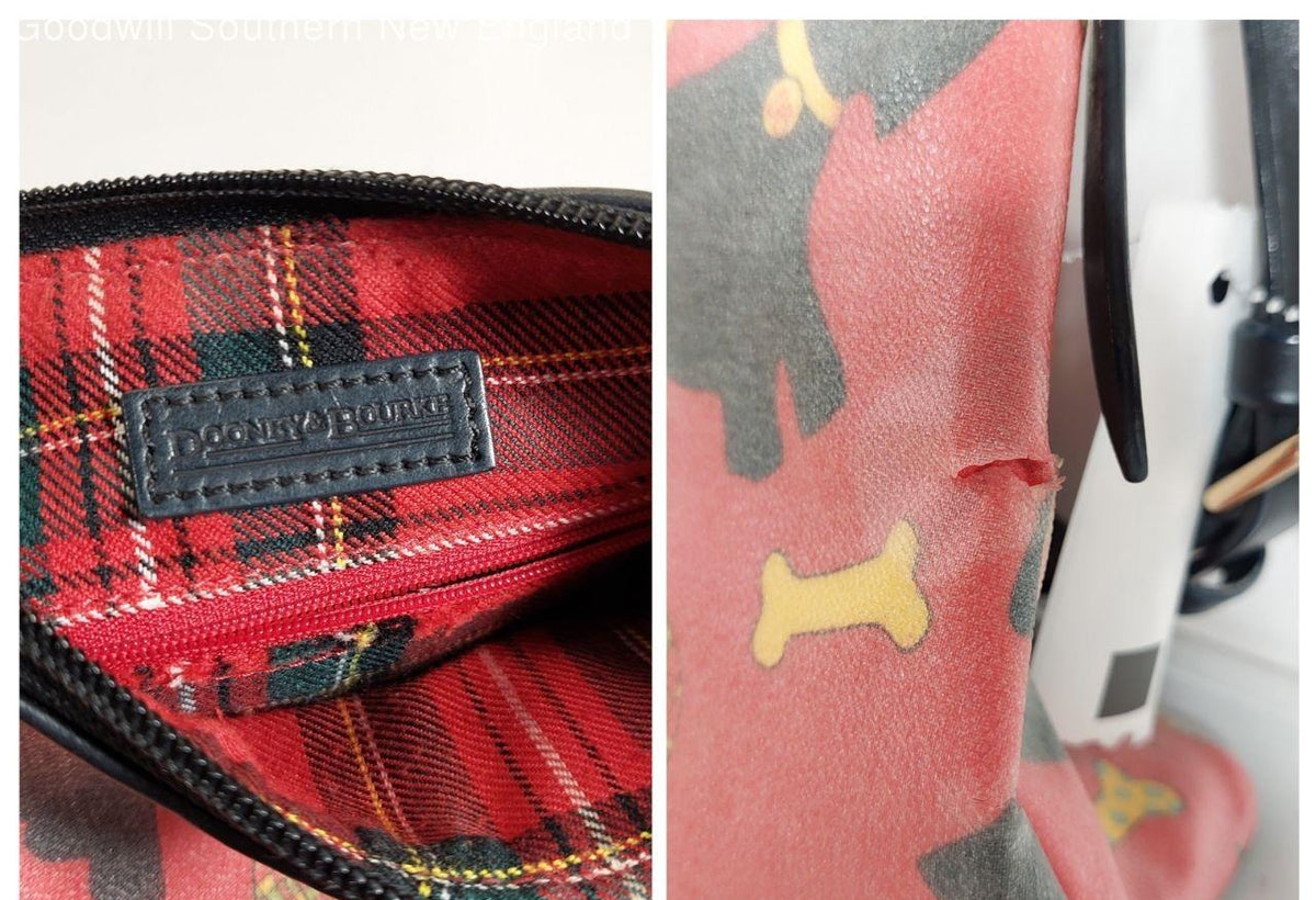 Red coated canvas Scottie dog print shoulder bag with black leather trim, view 7