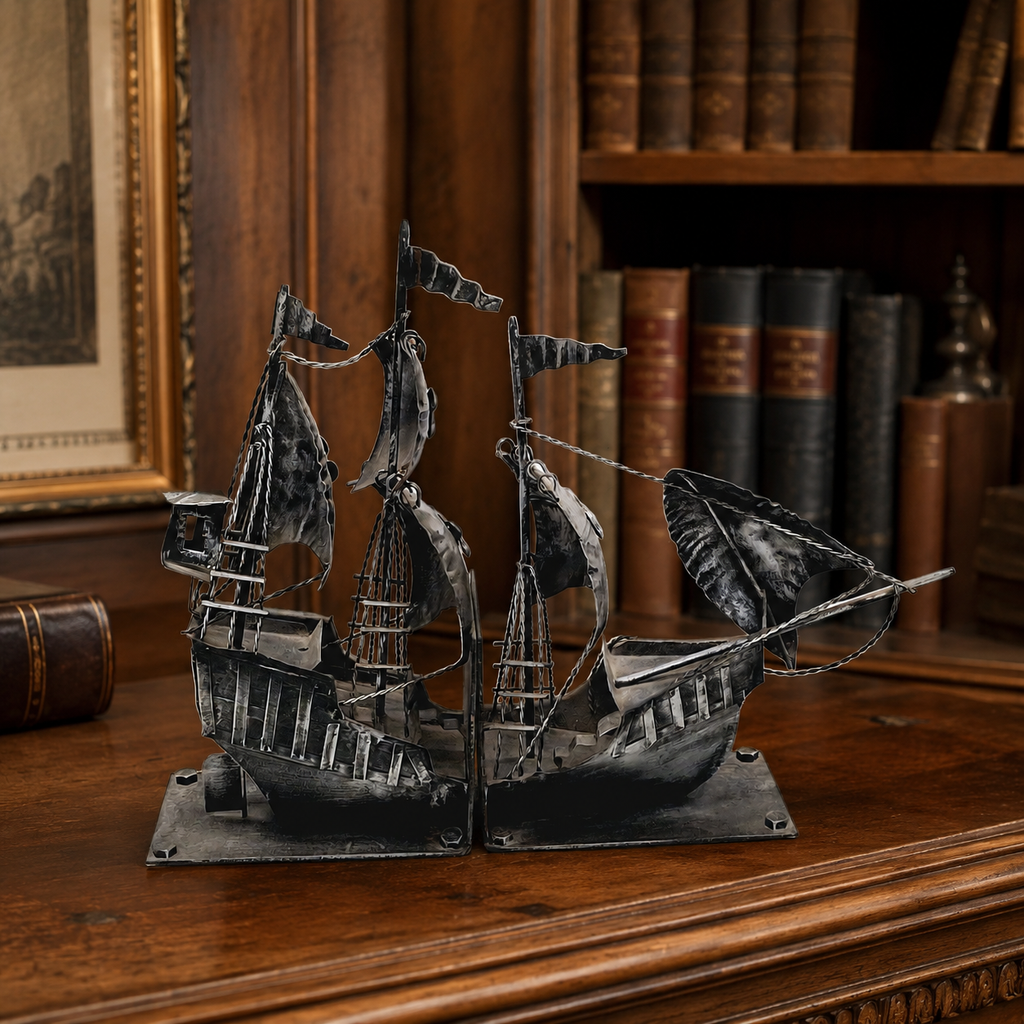 Vintage Metal Sailing Ship Galleon Bookends with Detailed Nautical Design