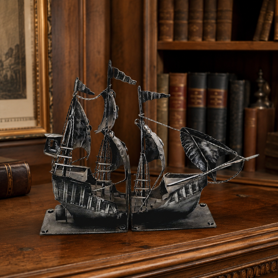 Vintage Metal Sailing Ship Galleon Bookends with Detailed Nautical Design