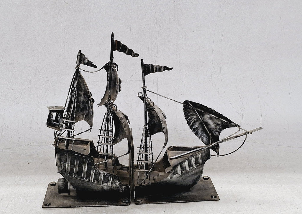 Vintage Metal Sailing Ship Galleon Bookends with Detailed Nautical Design